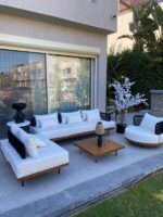 "Saint Lucia Outdoor Furniture Set" طقم جلسة خارجية فاخرة – ألومنيوم وخشب بيتش طبيعي