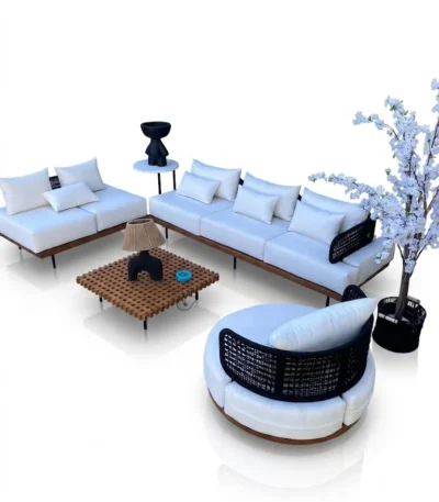 "Saint Lucia Outdoor Furniture Set" طقم جلسة خارجية فاخرة – ألومنيوم وخشب بيتش طبيعي