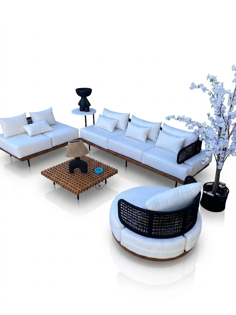 "Saint Lucia Outdoor Furniture Set" طقم جلسة خارجية فاخرة – ألومنيوم وخشب بيتش طبيعي