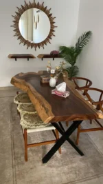 Serrado Metal Dining Table – Natural Wood Top & X-Shape Base - Image 2