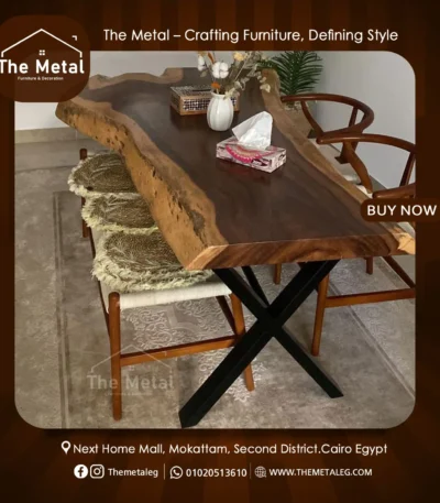 Serrado Metal Dining Table – Natural Wood Top & X-Shape Base