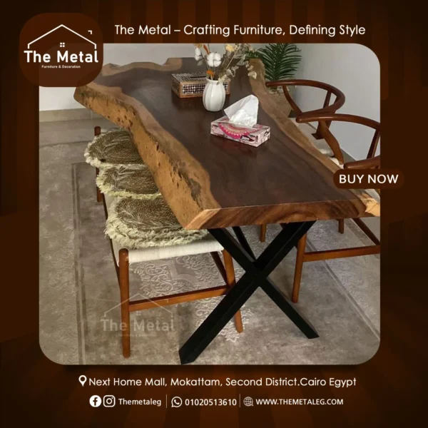 Serrado Metal Dining Table – Natural Wood Top & X-Shape Base