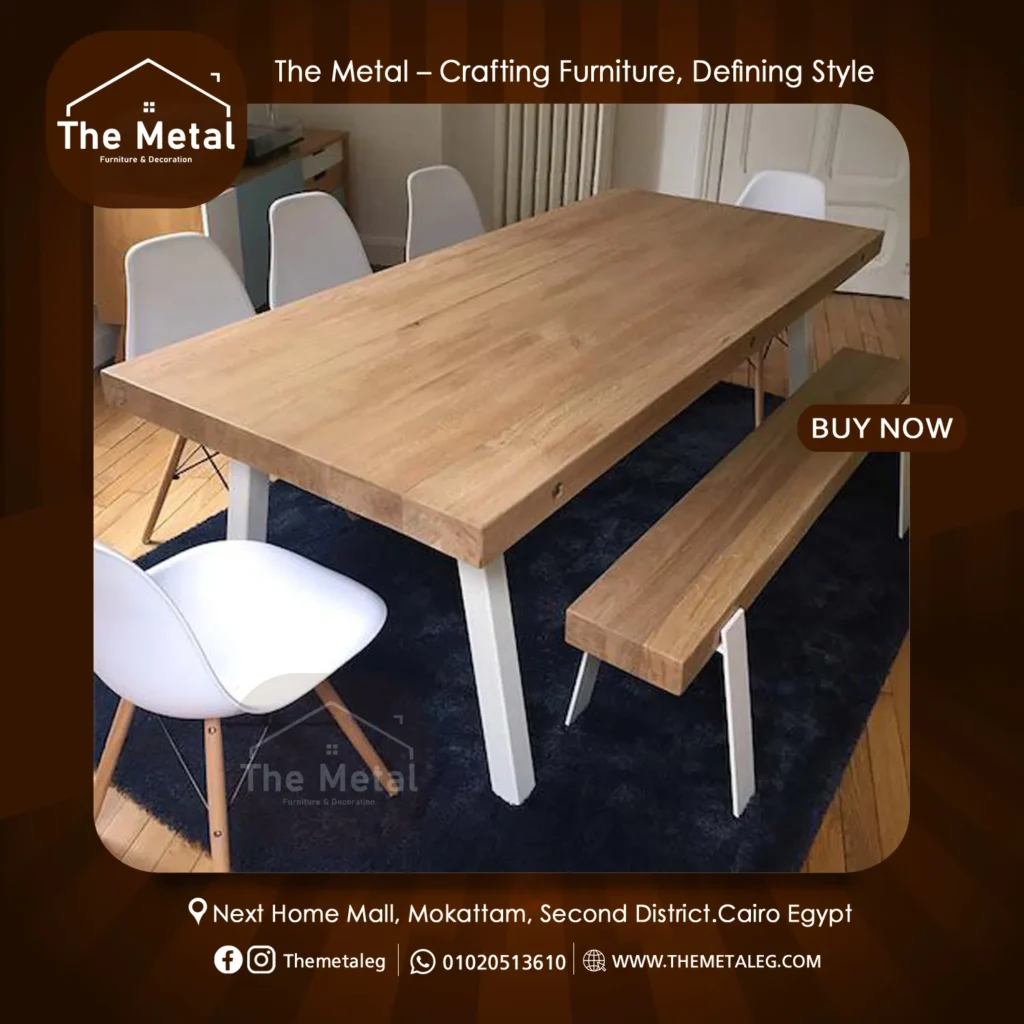 Taiga Dining Table – Natural Wood Dining Table with White Steel Base