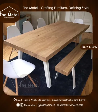 Taiga Dining Table – Natural Wood Dining Table with White Steel Base