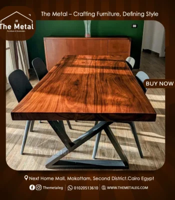 The Metal Dining Table – Rustic Herringbone Wood Table with Metal Base