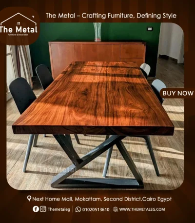The Metal Dining Table – Rustic Herringbone Wood Table with Metal Base