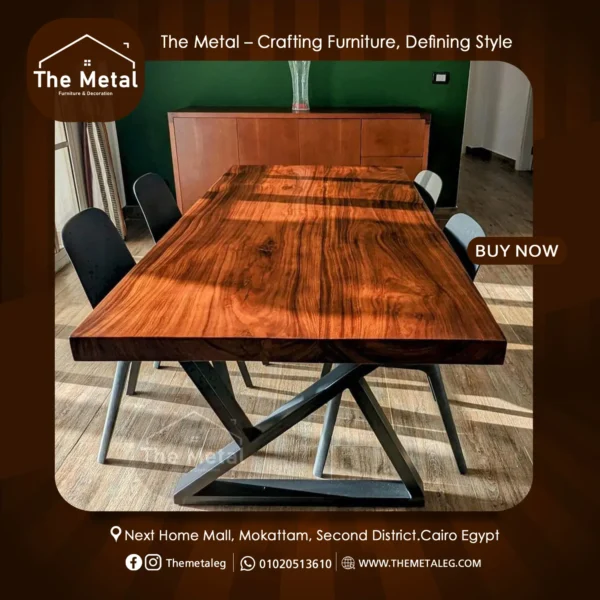 The Metal Dining Table – Rustic Herringbone Wood Table with Metal Base
