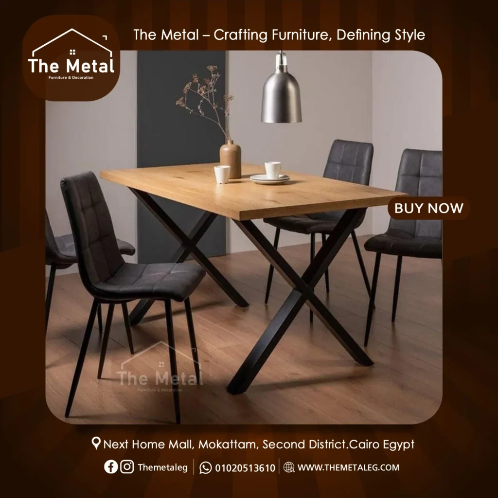 Taman Dining Table – Solid Wood with X-Metal Base