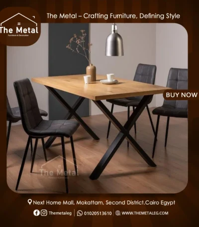 Taman Dining Table – Solid Wood with X-Metal Base