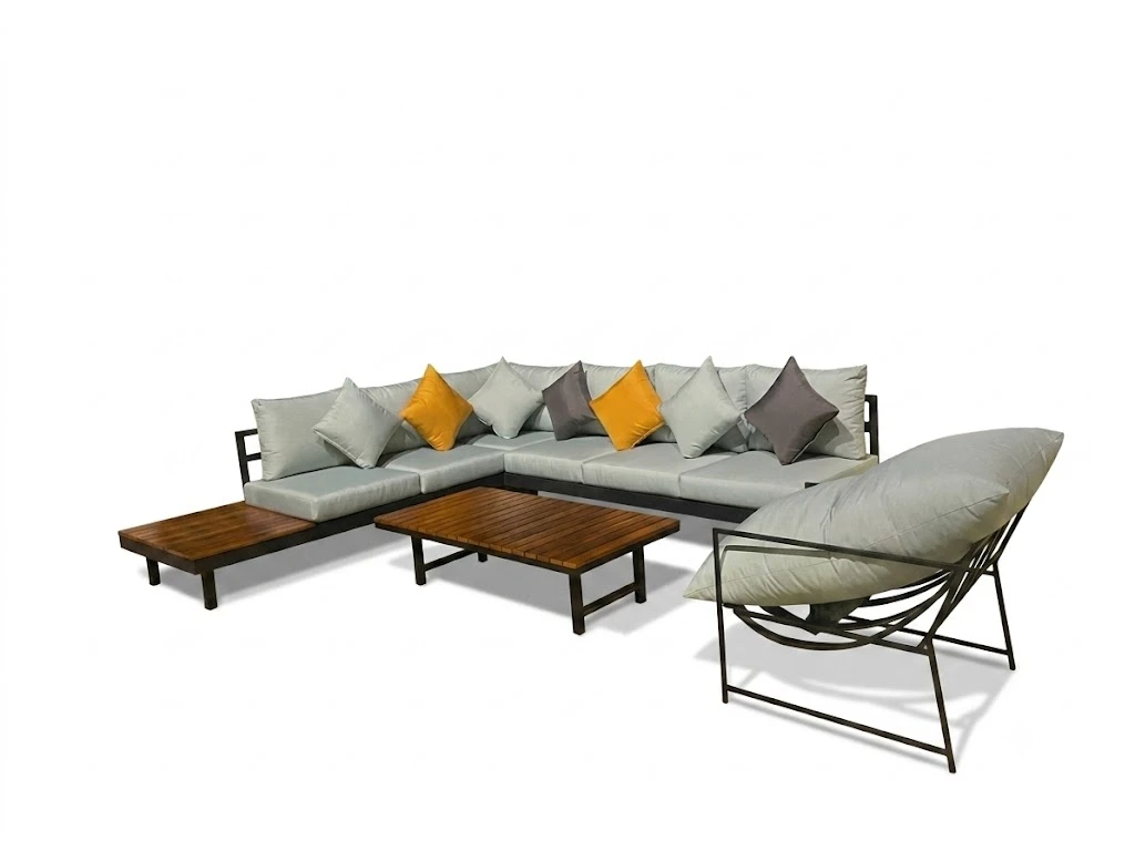 "Tiran Outdoor Furniture Set"طقم ركنة حدائق خارجية فاخر – ألومنيوم وخشب بيتش طبيعي