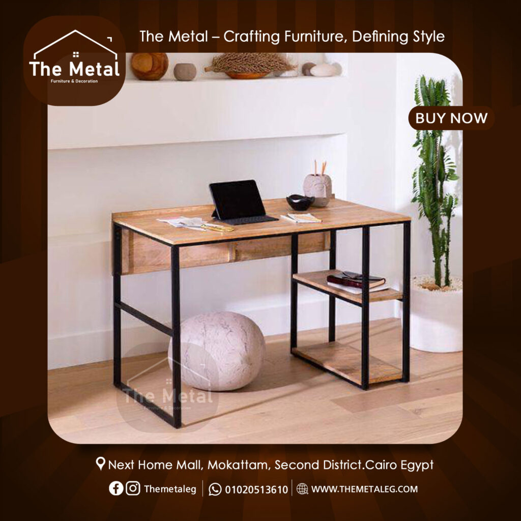 Wood and Metal Home Computer Desk – Industrial Rectangular Desk with Shelves