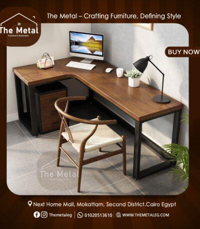L-Shape Office Desk – Wooden & Metal Corner Desk