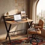 Wood & Metal Home Office Desk with Shelf – مكتب منزلي خشب ومعدن مع رف