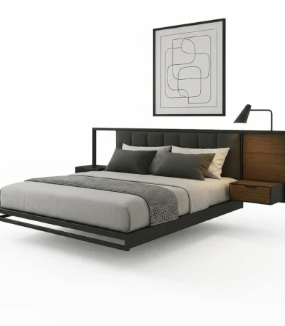 "The Illuminated Floating Bed"السرير العائم المضيء – ماستر بيس معدني وخشب جوز تركي