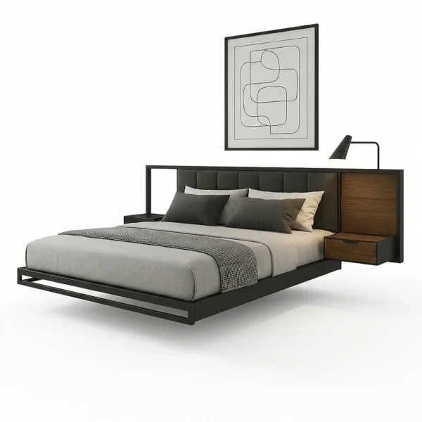 "The Illuminated Floating Bed"السرير العائم المضيء – ماستر بيس معدني وخشب جوز تركي